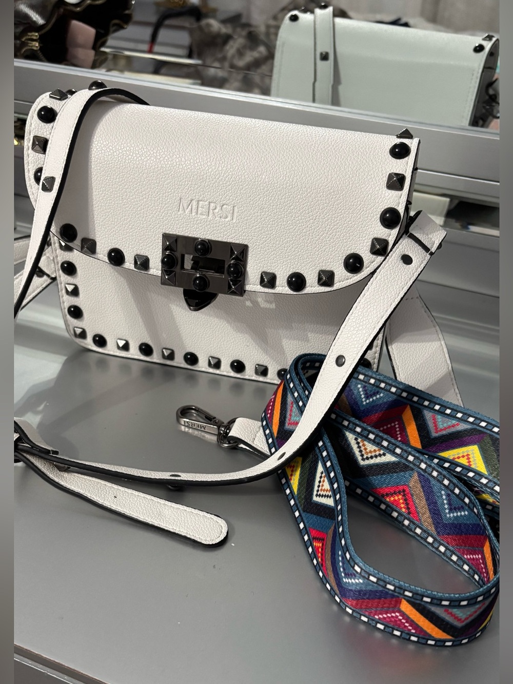 MERSI White Studded Leather Crossbody Bag with 2 removable Straps